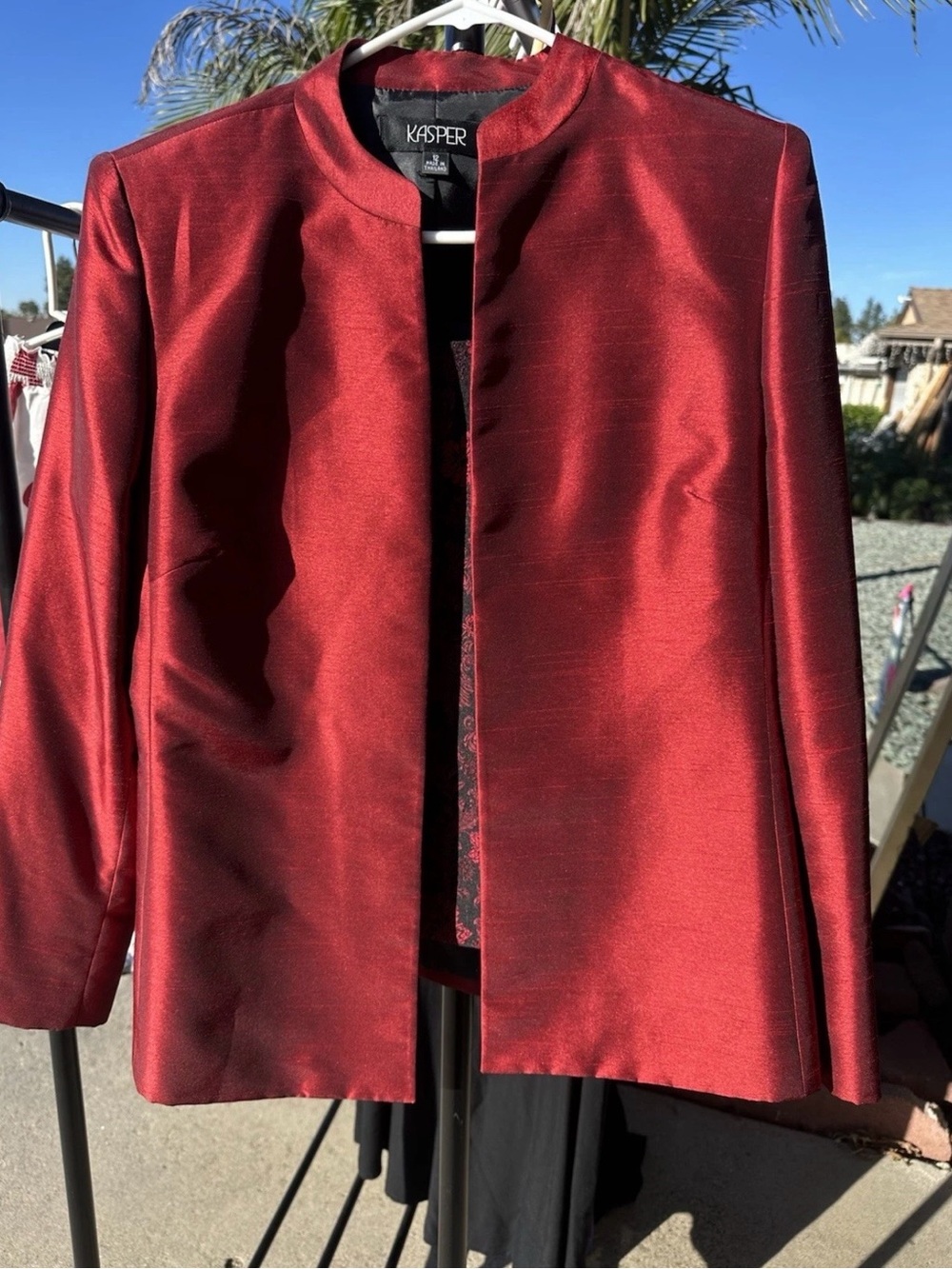 Kasper Women's Deep Red Satin Collarless Open Jacket